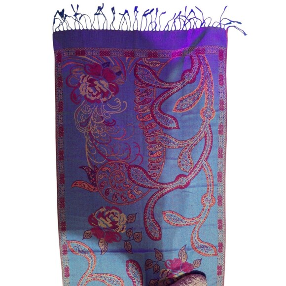 Pashmina Scarf Wrap Shawl Long Paisley Print Pink Blue Fringe Winter Casual - Picture 3 of 6